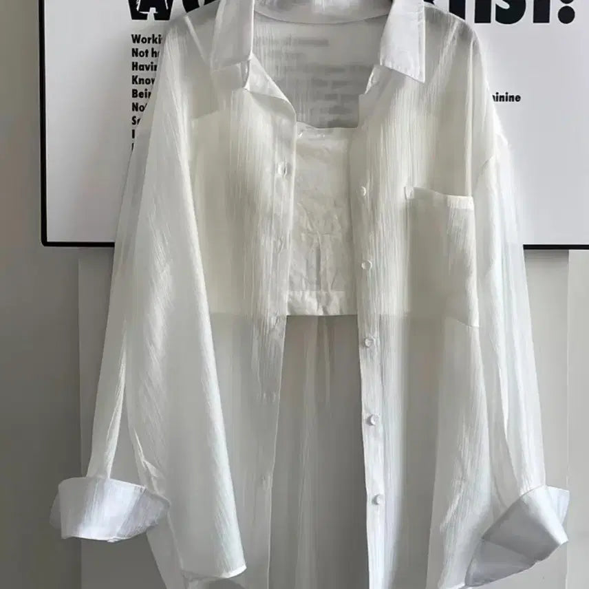 [BUNJANG] White See-Through Loose Fit Shirt / (새상품)화이트 시스루 루즈핏 셔츠