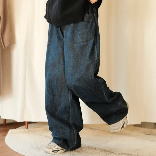 [BUNJANG] Noun x Yeon Wide Coated Cinch Back Denim Pants / 노운 X 우연 와이드 코티드 신치백 데님 팬츠