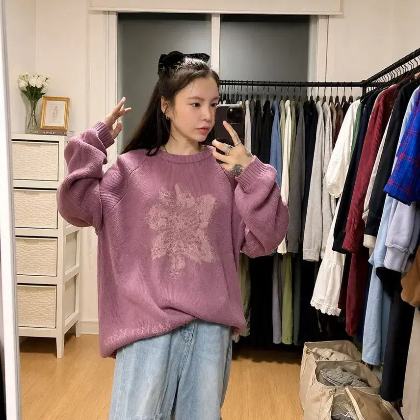 [BUNJANG] Matin Kim Flower Jacquard Knit Pullover Indian Pink / 마뗑킴 플라워 자카드 니트 인디안 핑크 F