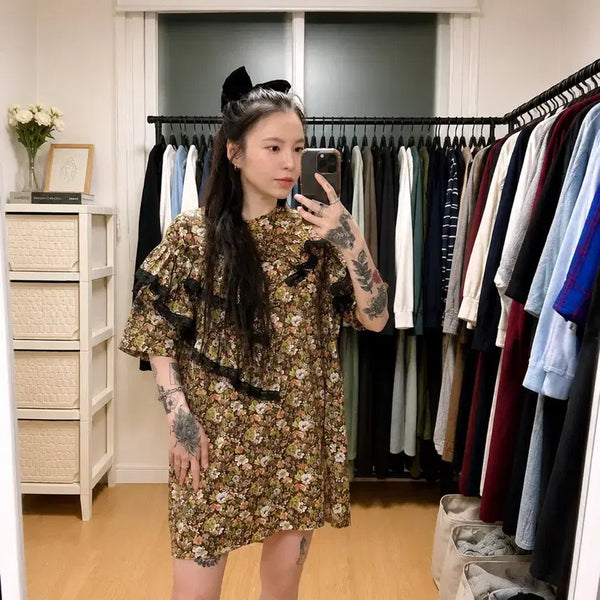 [BUNJANG] Stylenanda Floral Frill Lace Mini Dress / 스타일난다 플라워 프릴 레이스 미니원피스