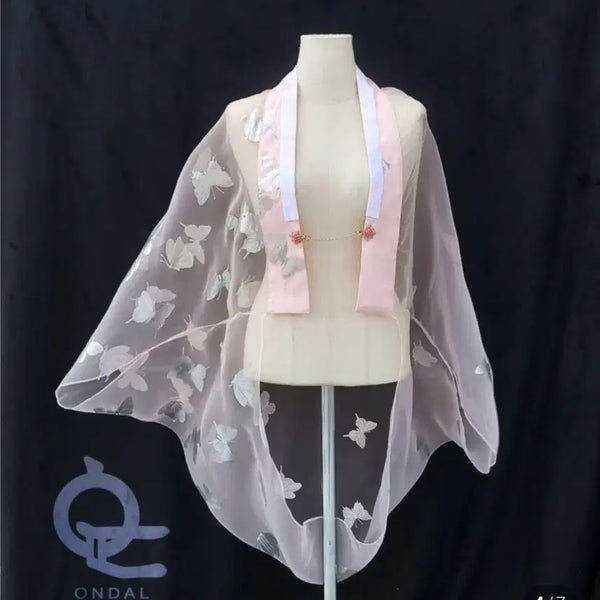 [BUNJANG] OndalHanhbok 'Nabi Jangmak' Series Pink Silk Butterfly Cape / 온달한복 / '나비장막' 시리즈 핑크 한국풍 나비 은박 오간자 망토 케이프 퓨전한복 생활한복