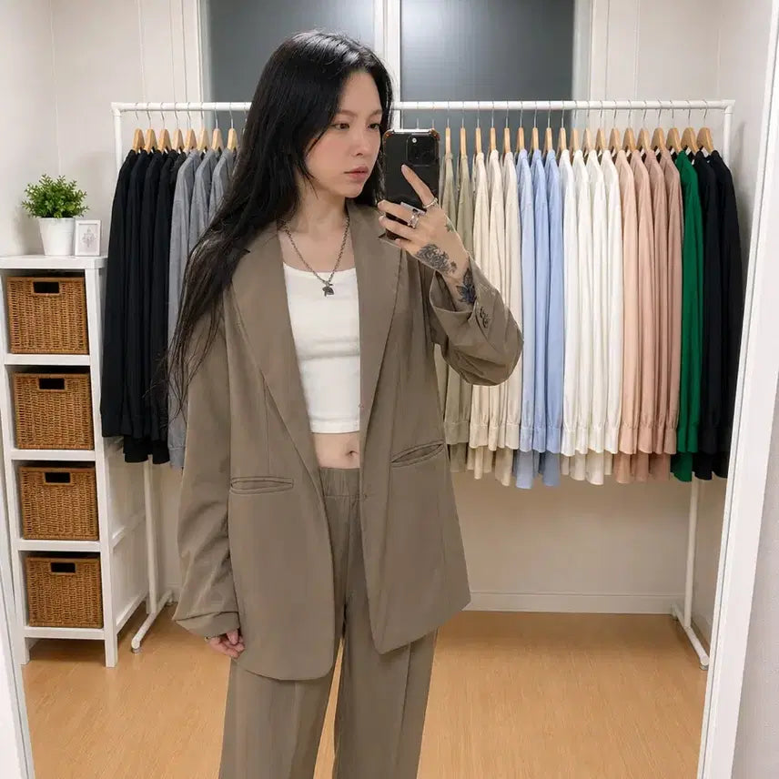[BUNJANG] Modern Brown Wide Slacks Set / 모던한 브라운 와이드 슬랙스 세트
