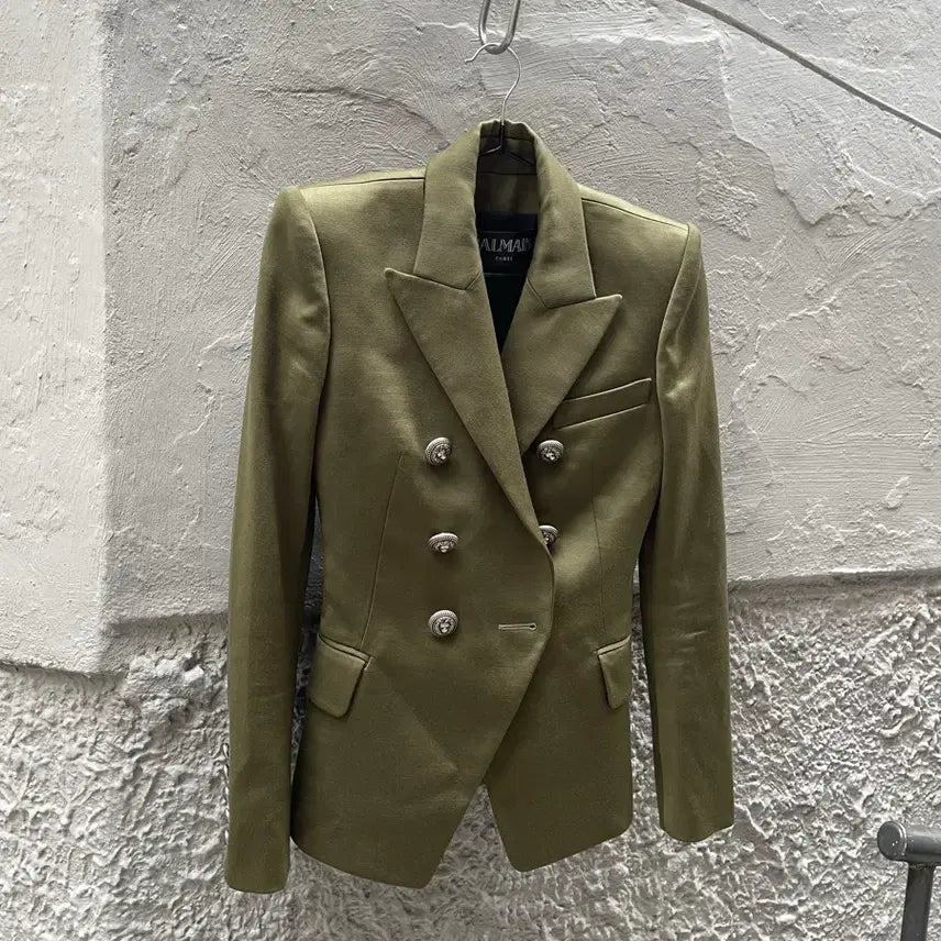 [BUNJANG] Balmain 2014 Olive Green Wool Lion Button Double-Breasted Blazer / [34] 발망 2014 올리브 그린 울 라이언 버튼 더블 블레이저