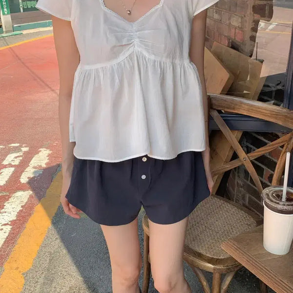 [BUNJANG] Le Havre Shirring Heart Neck Blouse / Square Neck Cotton Blouse (White) / 르아브르 셔링 하트넥 블라우스/스퀘어넥 코튼 블라우스 (화이트)