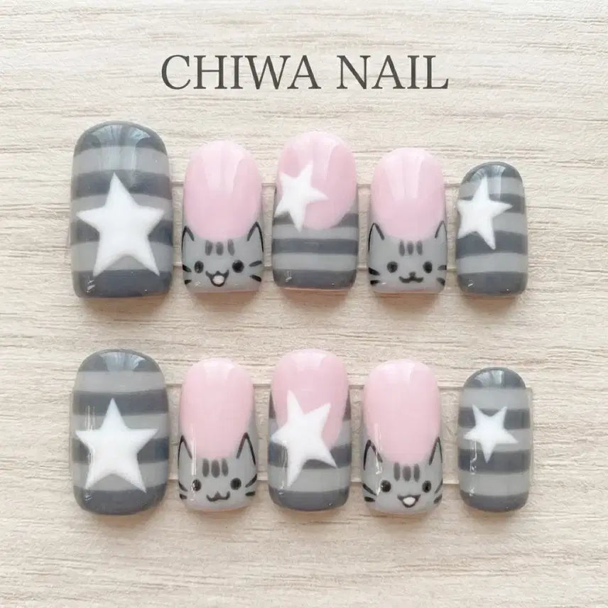 [BUNJANG] Custom Pusheen Cat Stripe Star Handmade Nail Tips / 주문제작 푸쉰캣 스트라이프 스타 수제 네일팁