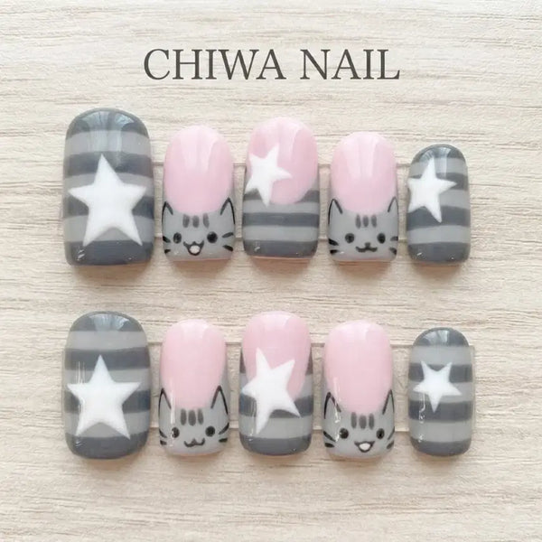 [BUNJANG] Custom Pusheen Cat Stripe Star Handmade Nail Tips / 주문제작 푸쉰캣 스트라이프 스타 수제 네일팁