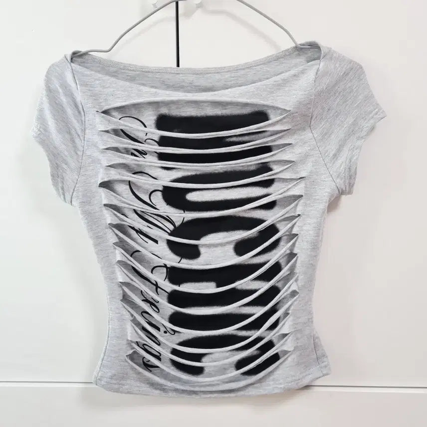 [BUNJANG] Women's Summer Cut Graphic T-Shirt - Grey, XS / 여자 여름 반팔 컷팅 그래픽 티셔츠 그레이 xs