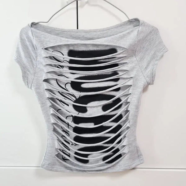 [BUNJANG] Women's Summer Cut Graphic T-Shirt - Grey, XS / 여자 여름 반팔 컷팅 그래픽 티셔츠 그레이 xs