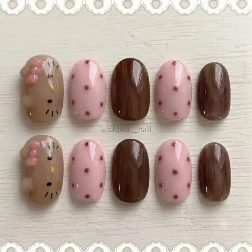 [BUNJANG] Custom Tanning Kitty Dot Handmade Nail Tips / 주문제작 태닝키티 도트 수제 네일팁