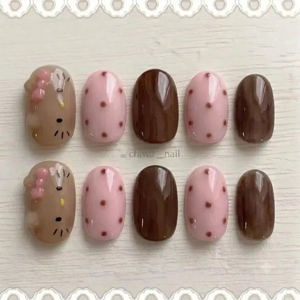 [BUNJANG] Custom Tanning Kitty Dot Handmade Nail Tips / 주문제작 태닝키티 도트 수제 네일팁