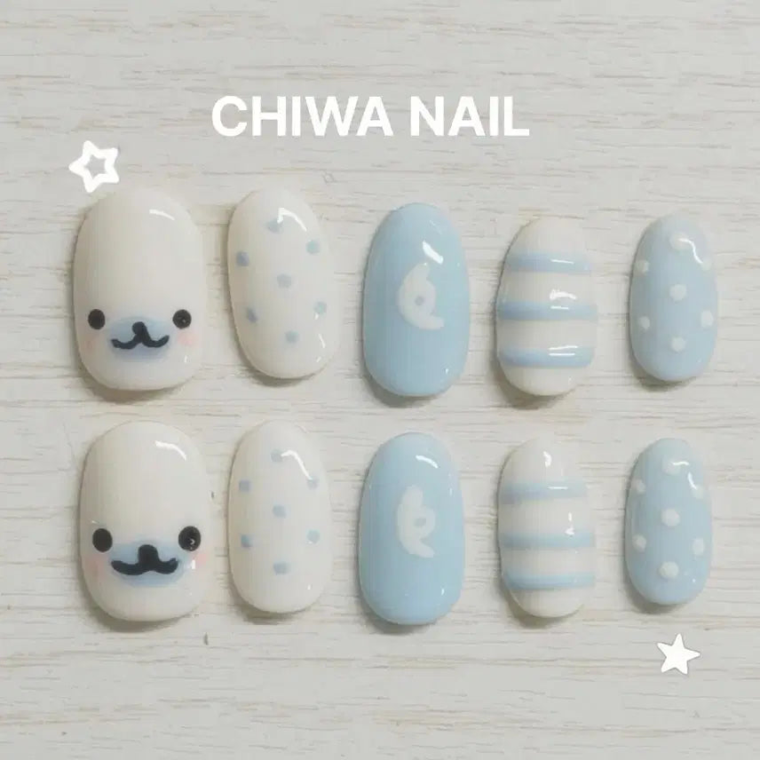 [BUNJANG] Custom Handmade Nail Tips - Mamegoma Stripes & Dots / 주문제작 마메고마 스트라이프 도트 수제 네일팁