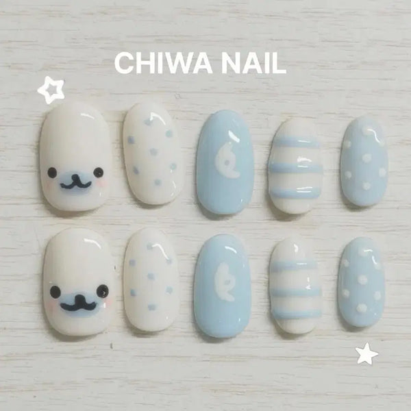 [BUNJANG] Custom Handmade Nail Tips - Mamegoma Stripes & Dots / 주문제작 마메고마 스트라이프 도트 수제 네일팁