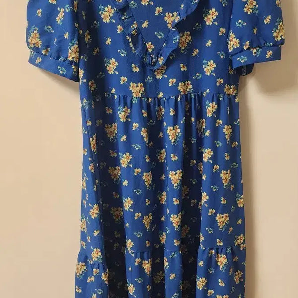 [BUNJANG] Blue Floral Print Ruffle Long Dress / 블루 꽃무늬 프릴 원피스