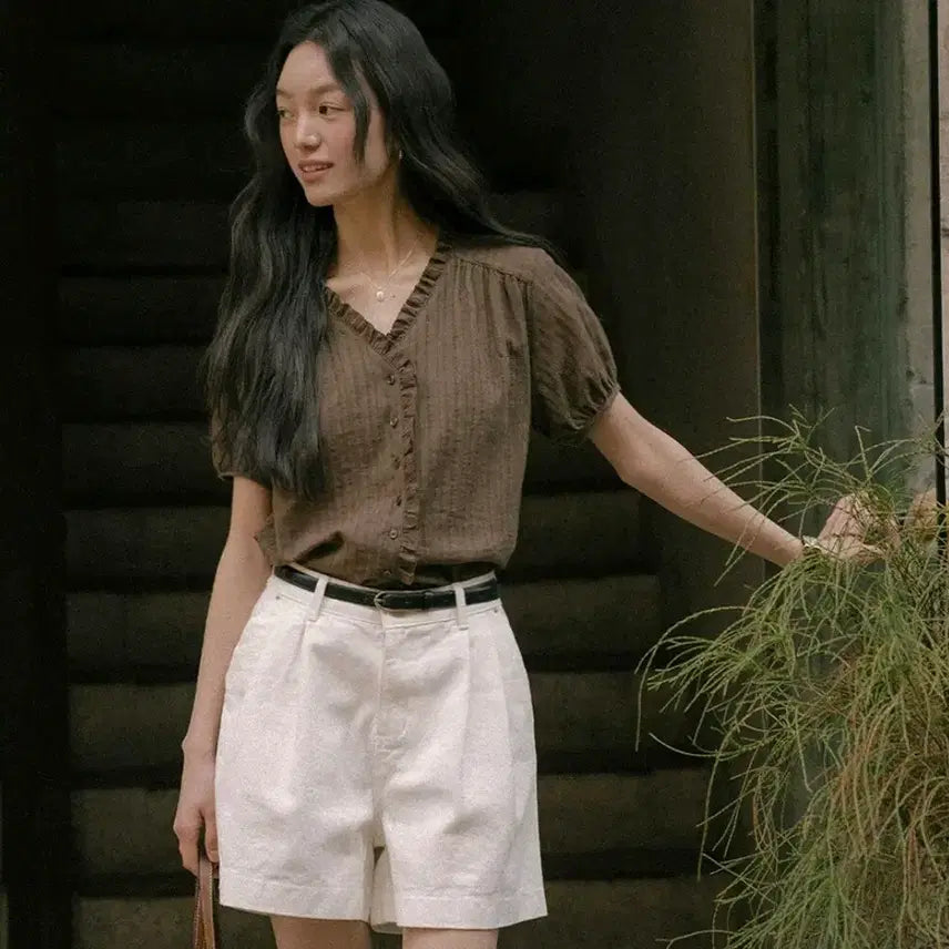 [BUNJANG] Tiladai Frill Blouse Brown / 틸아이다이 프릴 블라우스 브라운