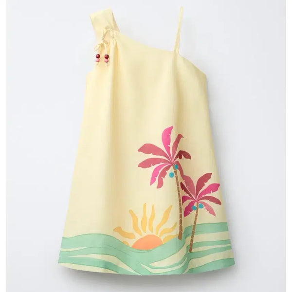 [BUNJANG] Zara Cotton Linen Palm Tree Unbalanced Dress / 자라 코튼 린넨 야자수 언밸런스 원피스(13/14세 164cm까지) 성인도 가능