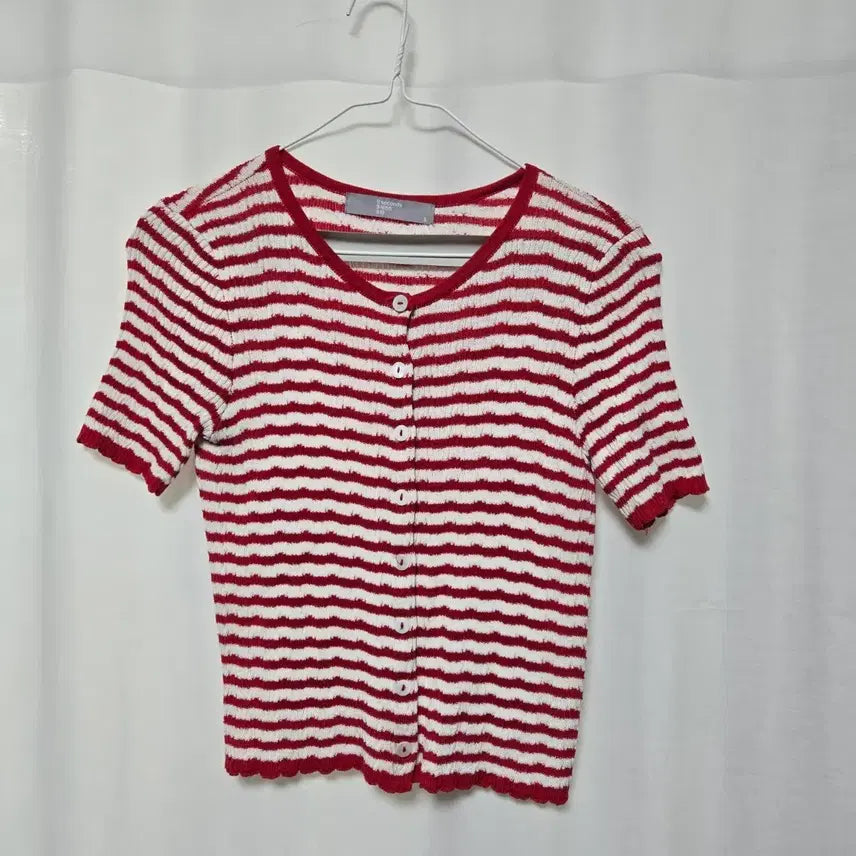 [BUNJANG] 8seconds Striped Short-Sleeve Cardigan Red/White / 8seconds 스트라이프 반팔 가디건 / 여성 S /레드&화이트