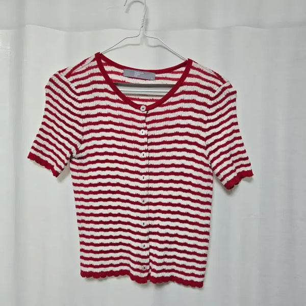 [BUNJANG] 8seconds Striped Short-Sleeve Cardigan Red/White / 8seconds 스트라이프 반팔 가디건 / 여성 S /레드&화이트