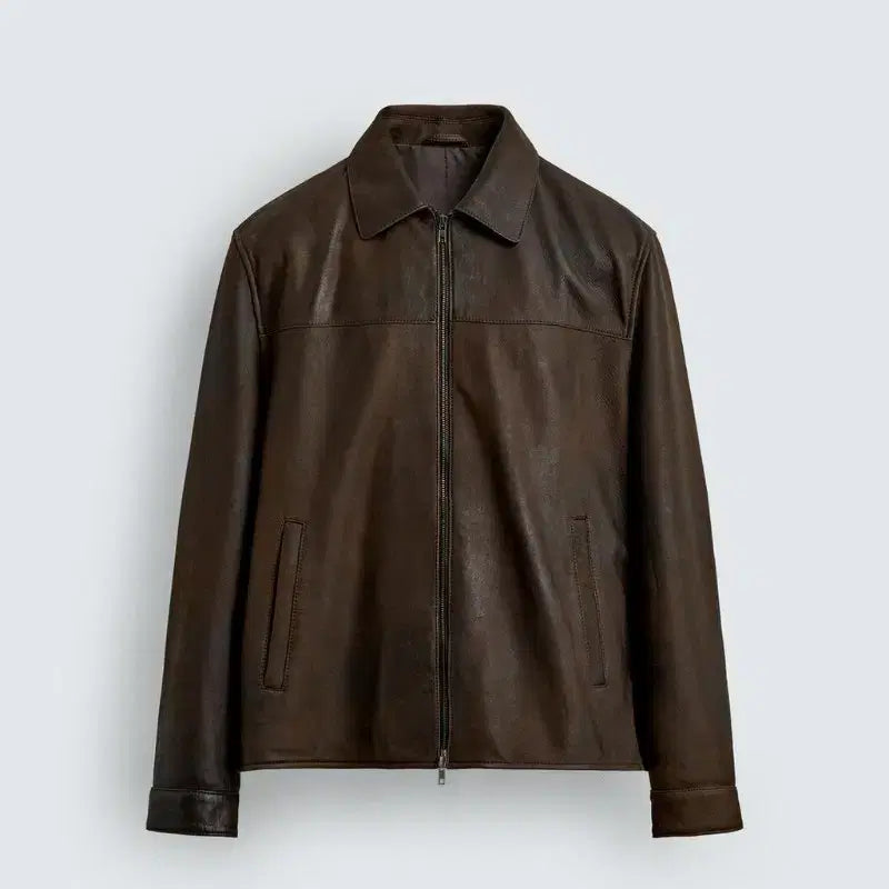 [BUNJANG] Zara Lambskin Vintage Effect Leather Jacket (Dark Brown, L) / 자라 양가죽 빈티지 이펙트 레더 자켓 (L)