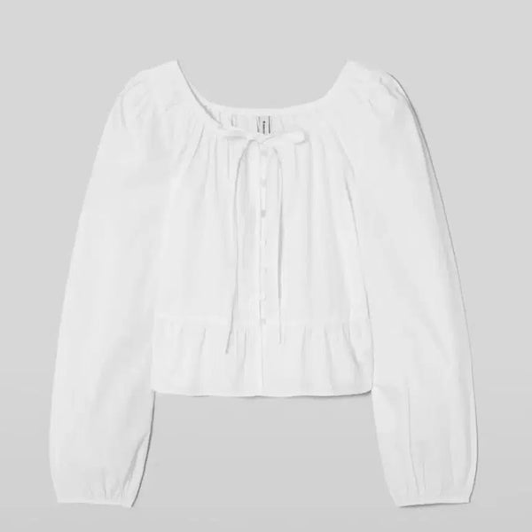 [BUNJANG] 8seconds Cotton Neckering Long Sleeve Blouse White L / 에잇세컨즈 코튼 넥셔링 긴팔 블라우스 화이트L