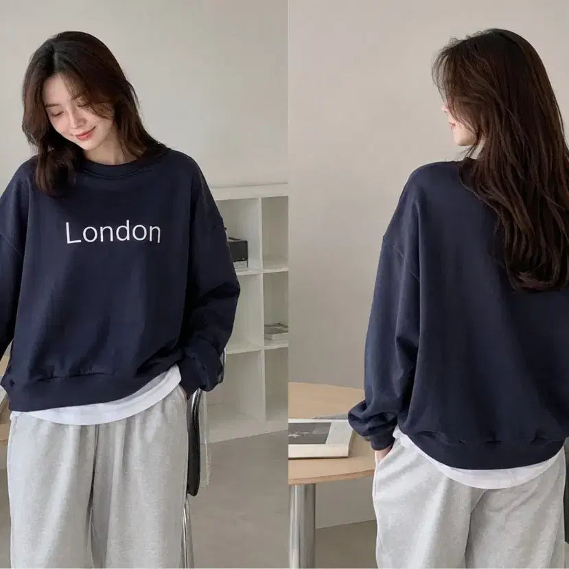 [BUNJANG] London Lettering Sweatshirt Navy Women's Loose Fit Fall Long Sleeve / 런던 레터링 맨투맨 네이비 여성 퀄리티 가을티 긴팔