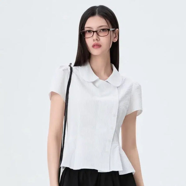 [BUNJANG] Mixxo Round Collar Striped Shirt White S / 미쏘 라운드카라 스트라이프 셔츠 화이트 s