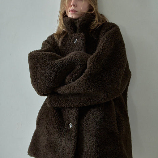 [BUNJANG] Facade Pattern Lambswool Half Coat - Brown / 파사드패턴 램스울 퍼 하프 코트_brown