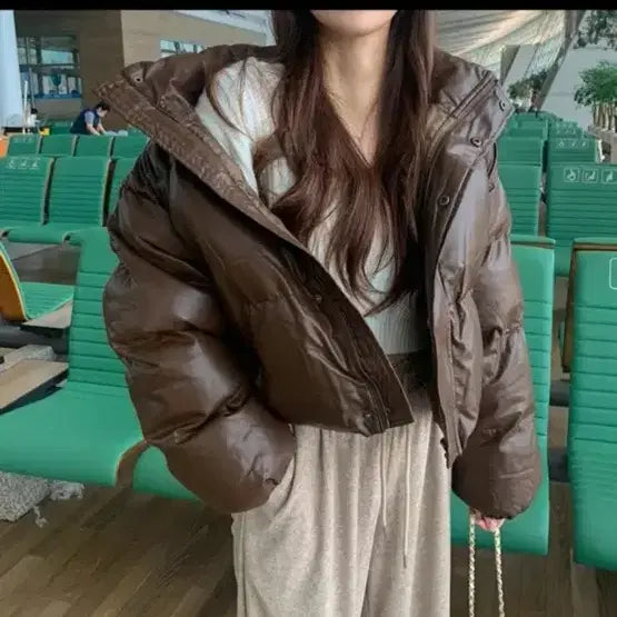 [BUNJANG] Brown Glossy Leather Short Padded Jacket / 브라운 유광 레더 숏패딩 새상품급