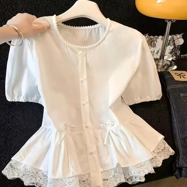 [BUNJANG] White Lace Frill Blouse / 화이트 레이스 프릴 블라우스.새상품