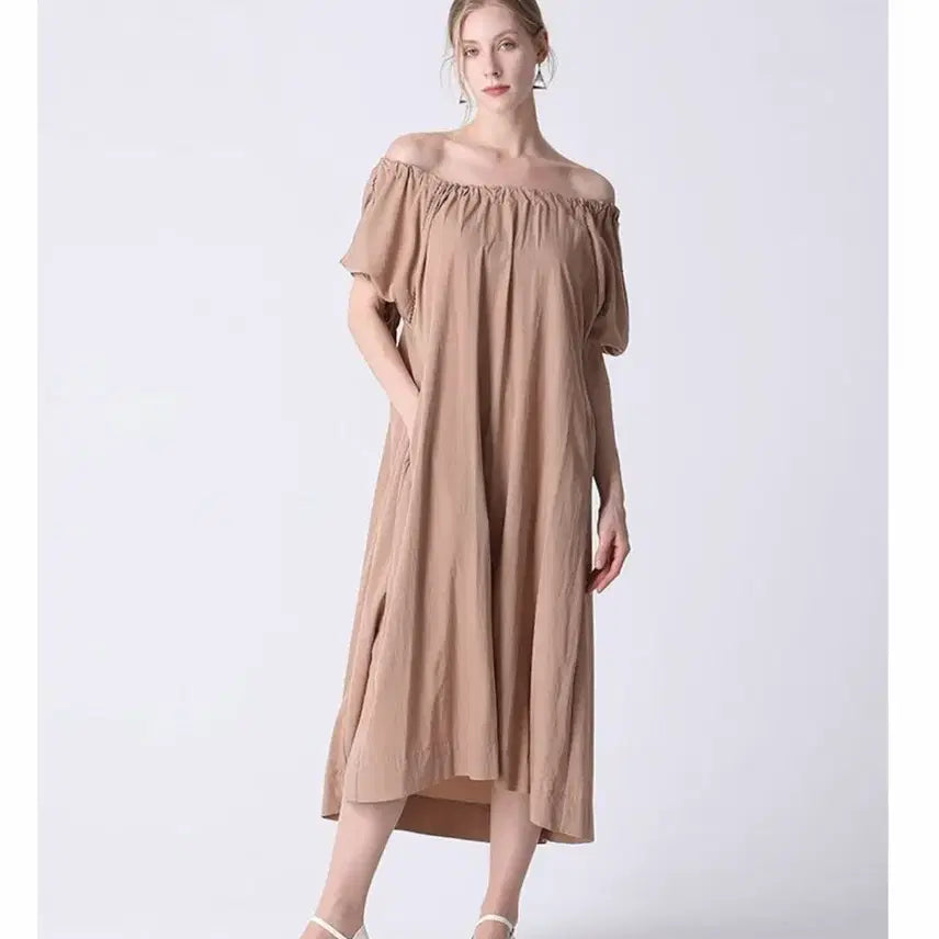 [BUNJANG] LIST Oversized Off-Shoulder Long Dress - Dark Beige / 리스트 오버핏 숄더 롱원피스 다크베이지
