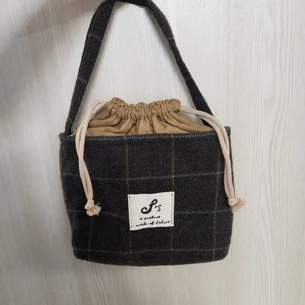 [BUNJANG] Checkered Drawstring Bucket Bag with Pouch / 체크 복조리 버킷백