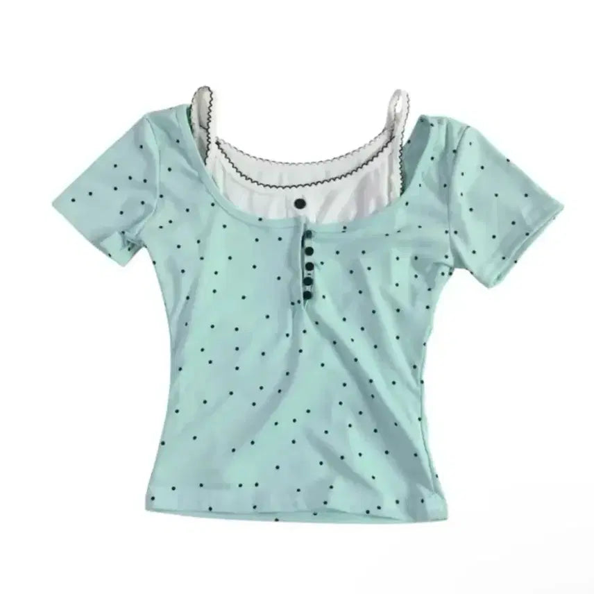 [BUNJANG] Mint Dot Sleeveless Layered T-Shirt / 민트 도트 나시 레이어드 반팔티(새상품)