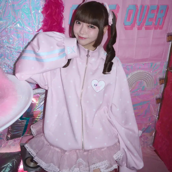 [BUNJANG] Magia Charm NIDONE Overdose Collaboration Star Pattern Pien Cat Track Jersey Jacket Pink / Magia Charm 마기아참 니디걸 오버도즈 콜라보 별 패턴 피엔 고양이 트랙 저지 재킷 핑크
