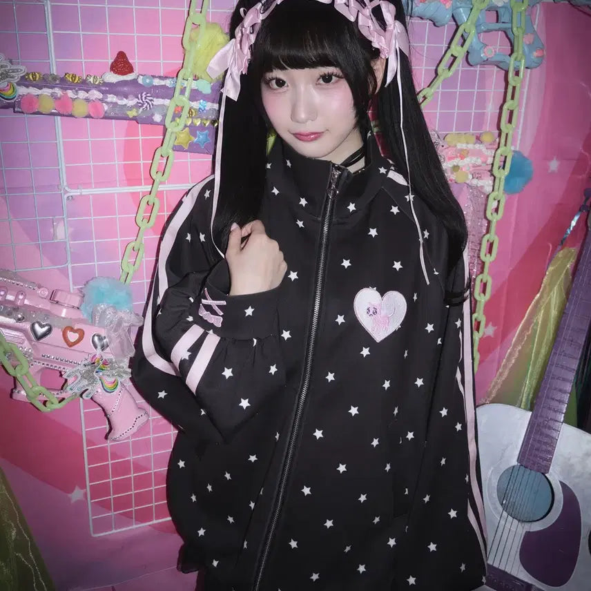 [BUNJANG] Magia Charm Nidygel Overdose Track Jersey Jacket Black / Magia Charm 마기아참 니디걸 오버도즈 콜라보 별 패턴 피엔 고양이 트랙 저지 재킷 블랙