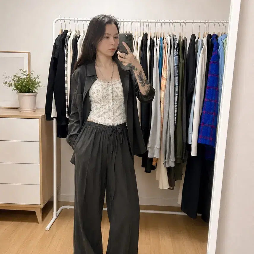 [BUNJANG] Charcoal Wide Set-Up (Top + Bottom) / 새상품)차콜 와이드 셋업 (상의+하의)