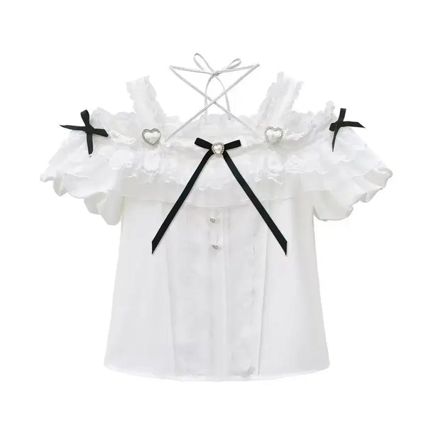 [BUNJANG] Heart Buckle Off-Shoulder Blouse (Removable Ribbons) / 양지뢰 리본탈착가능 오프숄더 블라우스 화이트 블랙 하트버클 양산형 지뢰계 로리타