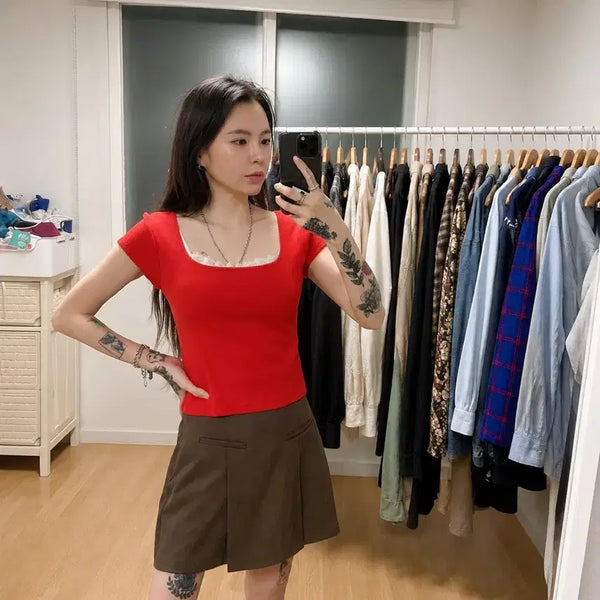 [BUNJANG] Lang&Lu Square Neck Short Sleeve T-Shirt Red FREE / 새상품) 랑앤루 스퀘어넥 반팔티 레드 FREE