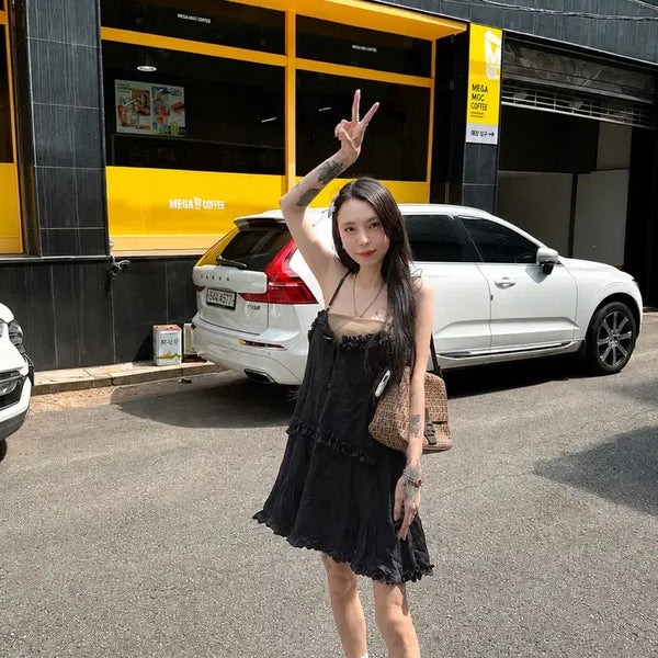 [BUNJANG] Black Frill Camisole Mini Dress / 블랙 프릴 끈나시 미니 원피스