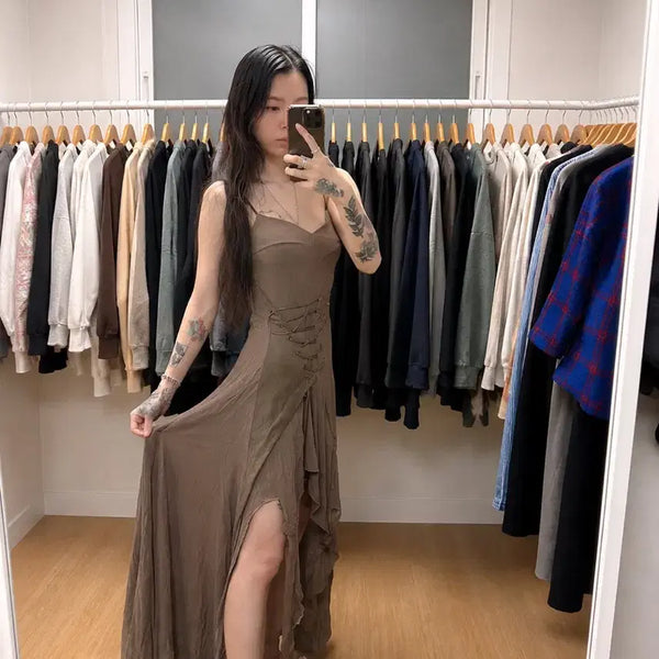 [BUNJANG] Vintage Brown Lace-Up Maxi Dress / 새상품) 빈티지 브라운 레이스업 맥시 드레스