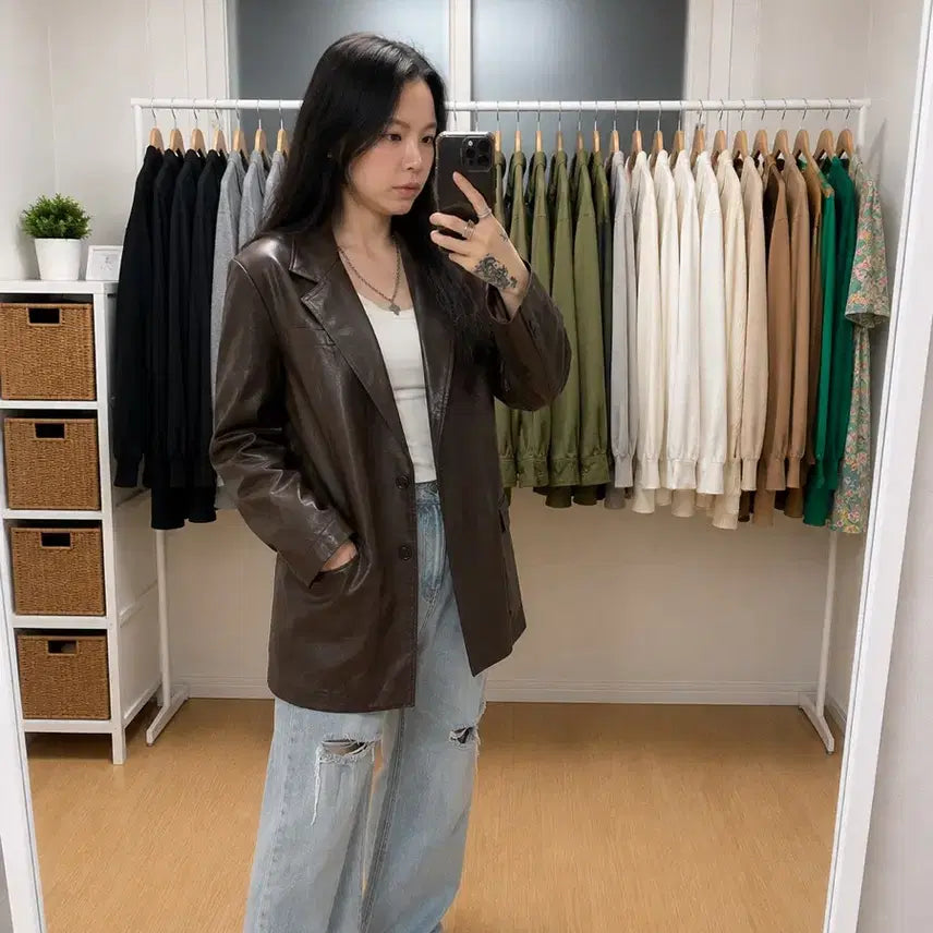[BUNJANG] LEFTSEOUL 100% Lambskin Vegetable Leather Oversized Jacket Brown / 새상품)레프트서울 (LEFTSEOUL)100% 램스킨 베지터블 오버핏  자켓 브라운