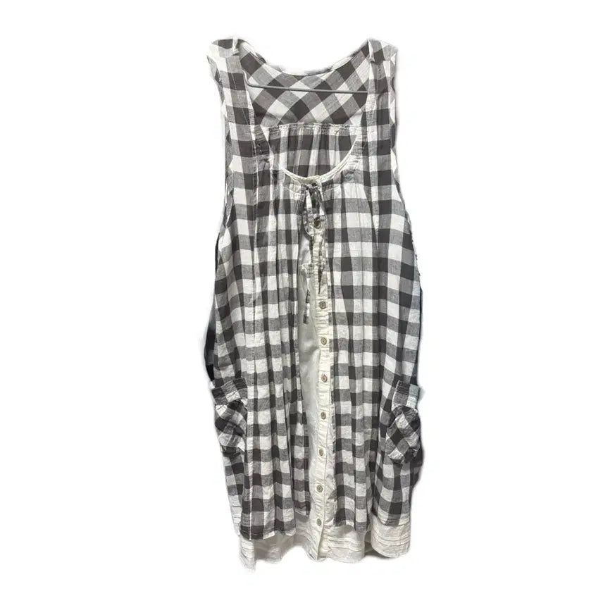 [BUNJANG] Mori Girl Style Button Checkered Dress - Charcoal / 일체형 우드단추 바선생 체크 원피스 차콜 일본 빈티지 모리걸
