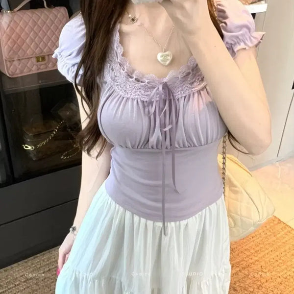 [BUNJANG] Purple Lace Puff Short Sleeve Blouse / 보라색 레이스 퍼프 반팔 블라우스