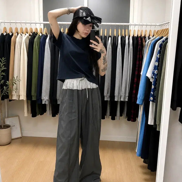 [BUNJANG] Grey Color Block Waist Banding Wide Pants / 새상품)그레이 배색 허리밴딩 와이드팬츠 / 밴딩바지