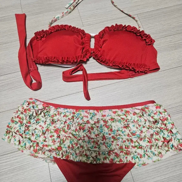 [BUNJANG] Floral Pattern Frill Bikini Red / 플로럴 패턴 프릴 비키니 레드