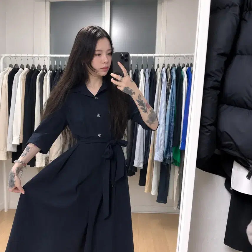 [BUNJANG] ME:SENSE Navy Shirt Long Dress with Waist Tie / 새상품) 미센스 ME:SENSE 네이비 셔츠 롱원피스 허리끈 포함