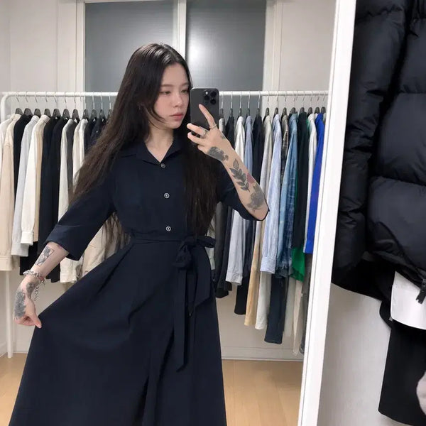 [BUNJANG] ME:SENSE Navy Shirt Long Dress with Waist Tie / 새상품) 미센스 ME:SENSE 네이비 셔츠 롱원피스 허리끈 포함