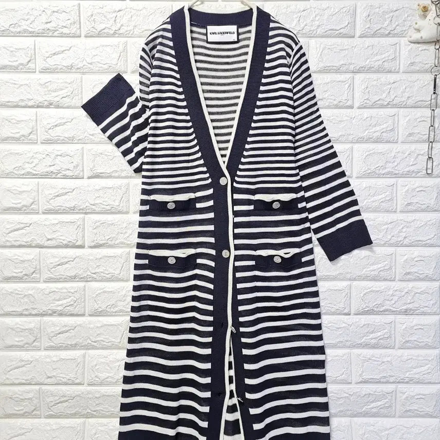 [BUNJANG] Karl Lagerfeld Long Cardigan Navy White Stripe / 칼라거펠트 롱가디건