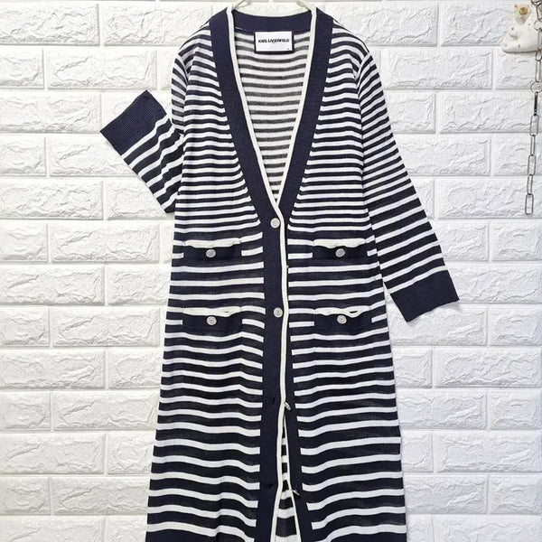 [BUNJANG] Karl Lagerfeld Long Cardigan Navy White Stripe / 칼라거펠트 롱가디건