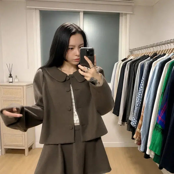 [BUNJANG] CIDER Brown Round Collar Jacket & Frill Skirt Set / 새상품) CIDER 브라운 라운드 카라 자켓 + 프릴 스커트 셋업