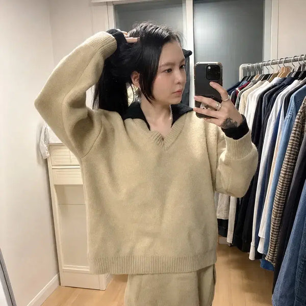 [BUNJANG] Beige Color Block Knit Mini Skirt Set-up / 새상품) 베이지 배색 카라 니트 + 미니스커트 셋업 F