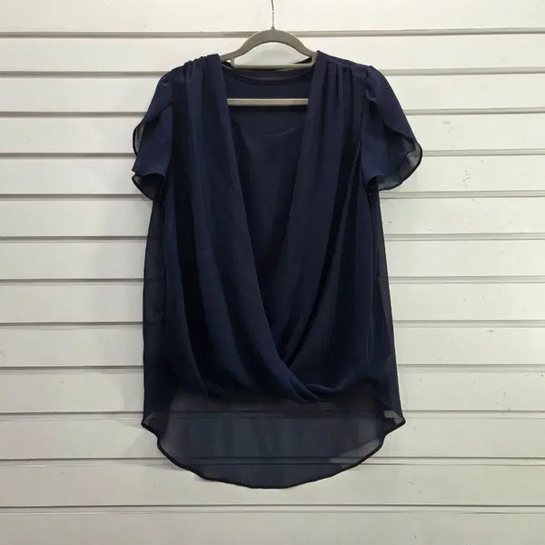 [BUNJANG] Navy Chiffon Blouse with Front Double Layer and Shirred Hem / 네이비 쉬폰 앞이중 밑단셔링 블라우스/보물찾기천사